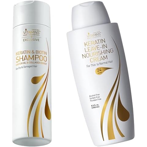 Vitamins Keratin Shampoo & Leave-In Cream Kit - Renewing Cleanser for Luminous Blowout Look and Ultra Hydrating Conditioner For Dry, Damaged, Thin Hair - Pro Salon Hair Care Cover