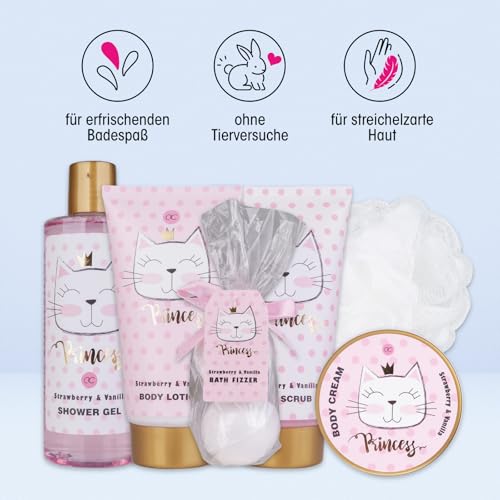 Accentra Geschenkset PRINCESS KITTY, 7-teiliges Geschenkset für Mädchen mit Duschgel, Bodylotion, Körperpeeling, Körpercreme, Badebomben und Netzschwamm im rosa Körbchen, Erdbeere & Vanille Duft