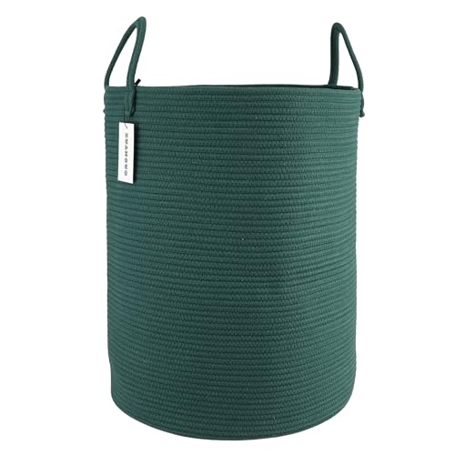 Image of XUANGUO Cotton Rope Laundry Basket Hamper for Clothes Woven Storage Basket for Living Room Bedroom Boho Tall Rope Baskets for Blanket Toys Pillow Towels Baby Nursery Hamper Bin Large dark green