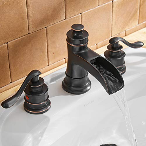 Bwe 3 Hole Widespread Bathroom Faucet 8 Inch Oil Rubbed Bronze Farmhouse Waterfall Pop Up Drain Stopper Assembly With Overflow And Supply Line Lead-Free Two Handle Bath Lavatory Sink Orb Mixer Tap #TOP1