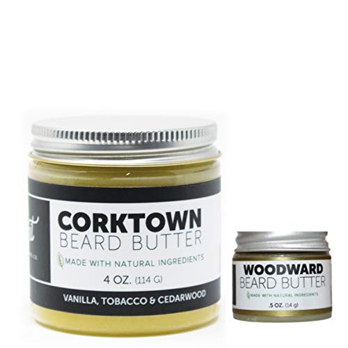 Detroit Grooming Co. Beard Butter Combo - Corktown (4oz) and Woodward (0.5oz) - Essential Oils, Natural, Plant-Based Ingredients Nourish, Promote Beard Growth - Strong Hold Beard Balm for Best Styling