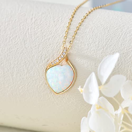 YDD 14k Solid Gold White Opal Necklace for Women Heart Shape Opal with Genuine Diamond Pendant Necklace Heart Necklace Opal Jewelry Diamond Jewelry Gifts 16"-18"2