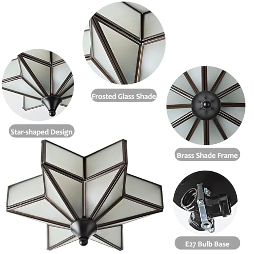 Image of LIGHTLAND 11.8 Inch Flush Mount Star Ceiling Light, 3 Lights Brass Ceiling Lamp with Glass Lampshade, Art Deco Close to Ceiling Light Fixtures for Entryway Hallway Porch, Black