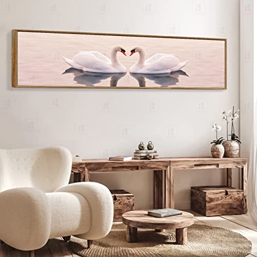 Image of PAINTINGMANTRA Two Swan Love in the Lake Large Canvas Painting Framed Panel Wall Painting, Framed Luxury Paintings for Home Decoration, Living room, Bedroom & Office Decor (White, 13x47 Inch)