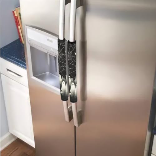 Image of Fridge Door Handle Covers Set of 6 Kitchen Appliance Decor Handles Glove Anti-Slip Protectors Washable Fabric Refrigerator Decor Accessories, Ghost Spider-Web Print Black