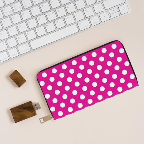 Leather Thin Slim Wallets for Women & Men - Hot Pink Polka Dot Print A Card Wallet Holder with Zipper4