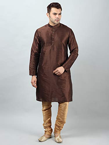 Image of Uri and MacKenzie Banarasi Dupion Silk Solid Kurta Churidar Pyjama Set for Men