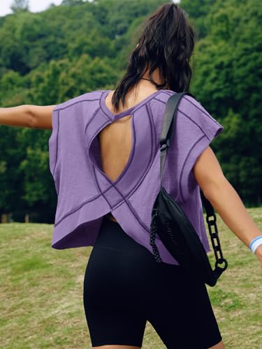 Image of SENSERISE Womens Open Back Workout Tops Backless Short Sleeve Athletic Shirt Running Crop Top Gym Yoga Tee