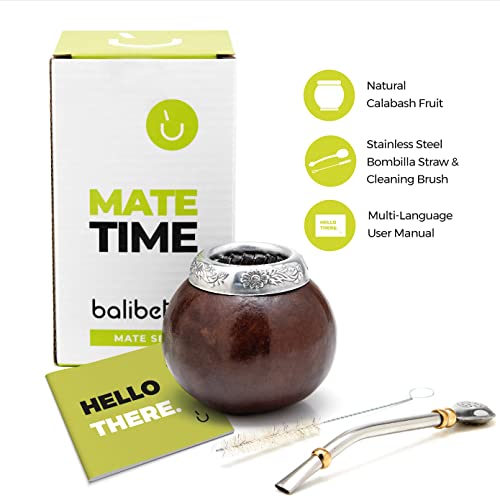 Image of BALIBETOV Yerba Mate Gourd Set - Original Natural Handmade Yerba Mate Cup from Argentina, Includes Mate Tea Cup, Bombilla (Mate Straw) and Cleaning Brush, Traditional Mate Cup Gift Set