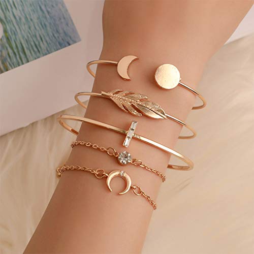 Simsly 5pcs Feder Bettelarmband Set Strass Hand Zubehör Armreif Mond Armband Einstellbar für Frauen und Mädchen