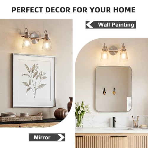 Image of 2-Light Brushed Nickel Bathroom Light Fixtures 13.8 Inch Vanity Lights for Bathroom Lighting Fixtures Over Mirror with Clear Striped Glass Shade for Bedroom Hallway Cabinet Porch