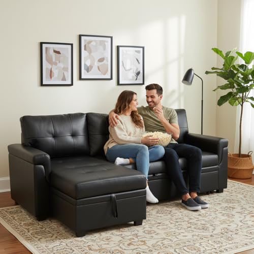 Multifunctional Sectional Sofa with Pull-Out Sleeper Bed & Hidden Storage – Reversible Chaise Black, Air Leather – Space-Saving, Durable, Stylish & Easy DIY Assembly for Apartments & Small Homes