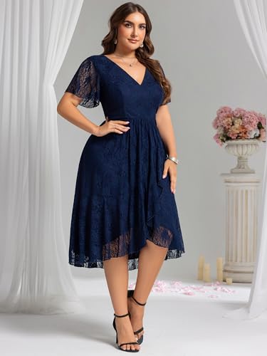 Image of Ever-Pretty Plus Women's Summer V Neck Short Ruffles Sleeves Lace Midi Plus Size Cocktail Party Formal Dresses Navy Blue US20