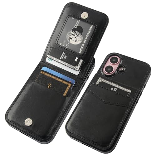KIHUWEY Compatible with iPhone 16 Case Wallet with Credit Card Holder Flip Premium Leather Magnetic Clasp Kickstand Heavy Duty Protective Cover for iPhone 16 6.1 Inch (Black)