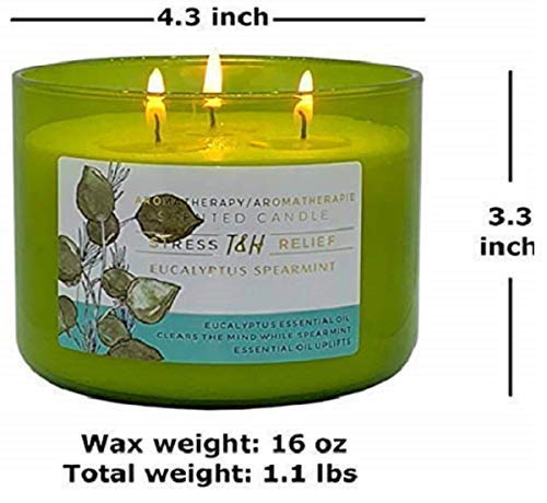 T&H Stress Relief Aromatherapy Candles - All Natural Soy Wax and Essential Oils Long Lasting 16 Ounce 80 Hour Burn (Eucalyptus Spearmint)