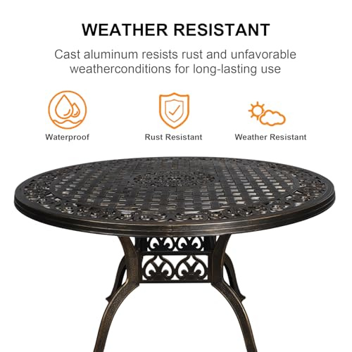 Image of 48 Inch Outdoor Dining Table Round Patio Table Powder-Coated Cast Aluminum Frame for Garden with Umbrella Hole (Bronze)