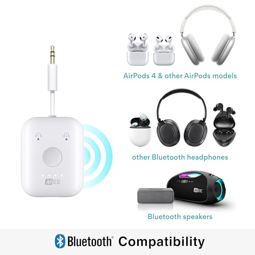 Image of MEE Audio Connect Air in-Flight Bluetooth Wireless Audio Transmitter, with Extra Dual 3.5mm Jack AUX Adapter, for up to 2 AirPods /Other Headphones; Works with All 3.5mm Aux Jacks, White