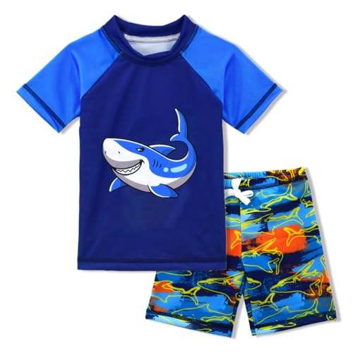 Image of Kids Short Sleeve Sunsuit Swimwear Boys Two Piece Rash-Guard-Sets Dinosaur Pattern