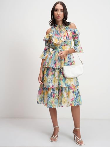 Image of Tokyo Talkies Women's Graceful Floral Ruffle Short Dress with Elegant Elbow-Below Sleeves Perfect for Brunches, Vacations & Stylish Outings