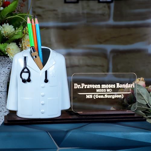 Image of Doctor Coat Pen Stand with LED Name Plate, Wooden Base, Bamboo Pen & Personalized Wooden Keyring | Customized Desk Organizer for Doctors & Medical Aspirants | Apron Shape Pencil Holder