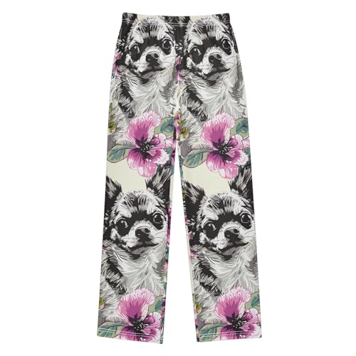 Chihuahua Floral Boys Long Pants Soft Trousers Elastic Waist Kids Lounge Bottoms with Pockets S-XL