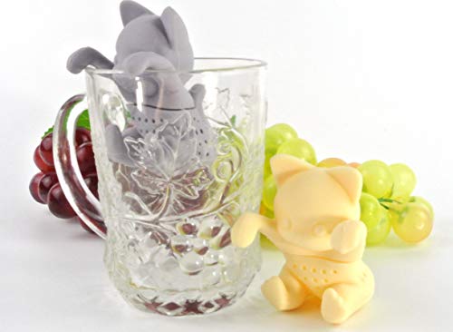2 Cats Kittens Shape Beige/Gray Tea Infuser Loose Leaf Strainer Herbal & Fruit Tea Filter Diffuser Food Grade Silicone Pet Lover Twin Cats Lot Of 2 Pcs #TOP4