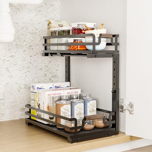 BXINREDA Under Sink Organizers, 2 Tier Slide Out Under Sink Organizers, Under Sink Storage for Bathroom Kitchen (1 Pack)