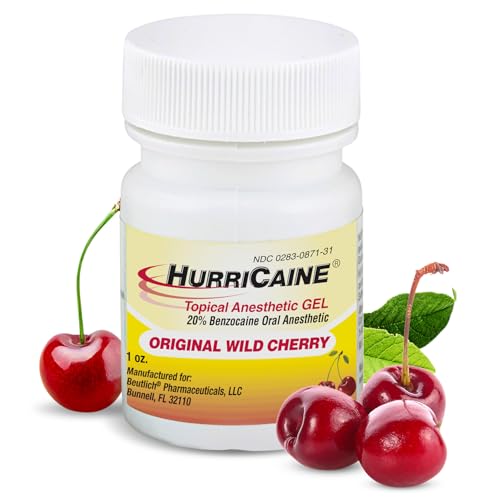 HurriCaine Topical Anesthetic Gel 1oz Fast-Acting 20% Benzocaine for Temporary Relief of Minor Mouth Irritation Caused by Canker Sores Dental Procedures & More - OTC Dye-Free Formula - Wild Cherry