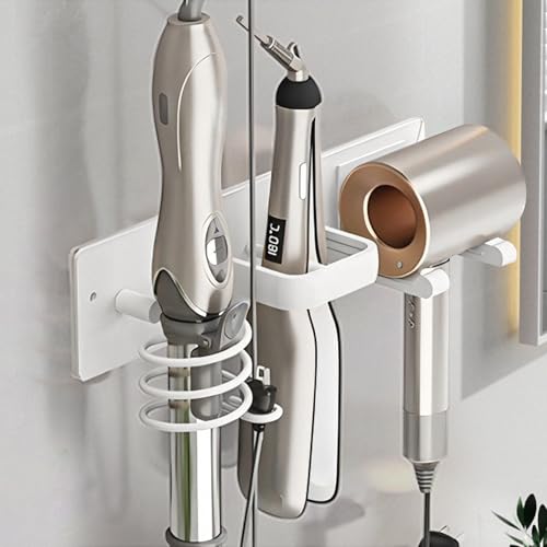 HOHOWU Hair Dryer Holder Wall Mounted Blow Dryer Curling Iron Straightener Holder 3 in 1 Bathroom Metal Hair Tool Organizer Rack-Matte White-2