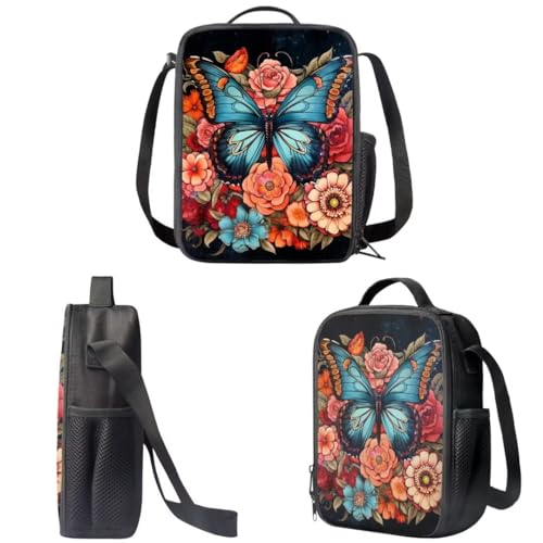 Pinupub Kids 3 In 1 Animals Backpack For Boys Girls 17 Inch Butterfly Flowers Print Elementary School Bag With Lunch Bag Pen Bag4