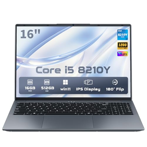 EKY 16 inch Laptop i5, 16GB RAM, 512GB SSD, Intel Core 8210Y, Backlit Keyboard, Long Battery, 1920 x 1200 Display, 2.4/5G Wi-Fi, BT 5.0, Win 11 Pro, MS Office, Notebook Computer for Business & Study