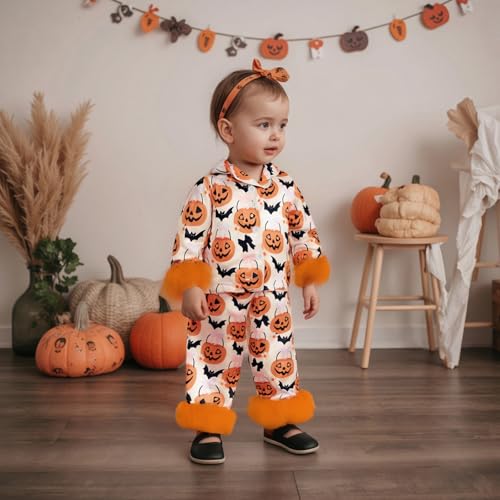 Kids Baby Girl Halloween Silk Pajamas Set Button Down Pumpkin Feather Trim Sleeve Shirts Tops and Pants Satin Pj Sets2