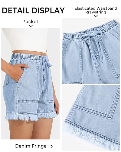 Image of BOOPH Girls Jean Shorts Denim Elastic Waist Drawstring Short for Teen Girl