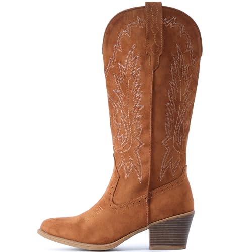 Image of IUV Suede Cowboy Boots For Women Chunky Heel Pointed Toe Cowgirl Boots