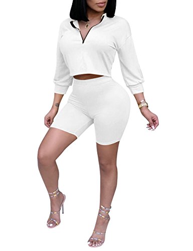 Womens Casual 2 Piece Outfits 3/4 Sleeve Crop Tops and Bodycon Shorts Matching Set White L