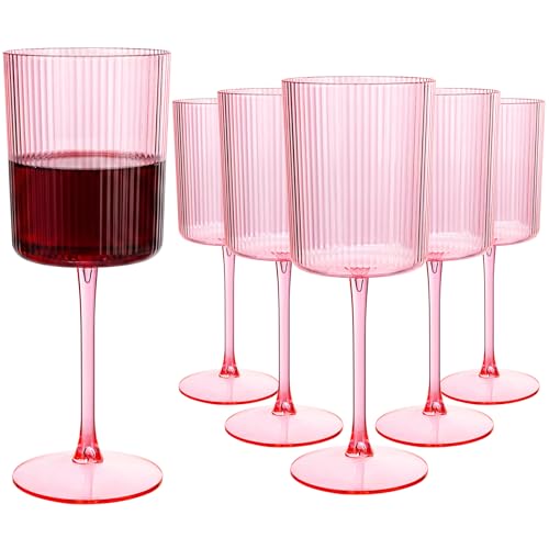 Ciaell 12 PCS Pink Plastic Ribbed Wine Glasses - 10 OZ Plastic Square Wine Glasses with Stem - Disposable Champagne Cups for Parties & Weddings