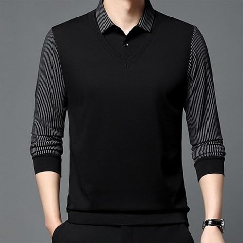 Men's Striped Lapel Fake Two-Piece Shirt Long Sleeve, Fake 2-Piece Knitted Shirt, Business Casual Shirts for Men2