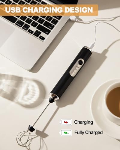 ماكينة صنع رغوة كهربائي قابل لإعادة الشحن من انيوي، ماكينة صنع رغوة حليب محمولة باليد، أداة خلط مشروبات بخفاقات ستانلس ستيل بـ 3 سرعات قابلة للتعديل لصنع رغوة الكابتشينو (لون أسود)