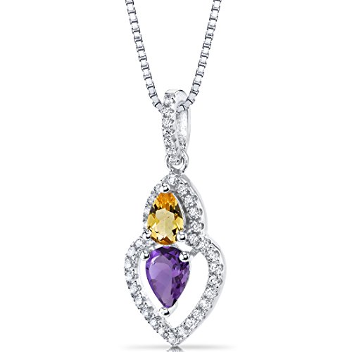 PEORA Amethyst and Citrine Pendant Necklace 925 Sterling Silver, Genuine Gemstone, Double Pear Shape 0.75 Carats total with 18 inch Chain, Real Purple Amethyst Necklace, For Gifts & Everyday Wear
