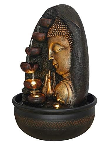 Image of Polyresin Golden Brown Side Face Buddha Table Top Home Decor Indoor 5 Steps Water Fountain with Yellow LED Lights & Water Flow Controller Pump (Size: 41.5 x 25 x 25CM | Weight: 2160grm)