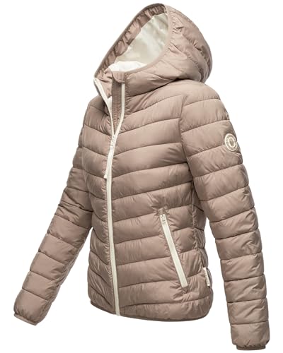 MARIKOO Damen leichte Übergangsjacke Kurze Steppjacke mit innen eingenähter Tragetasche zum einfachen Verstauen und praktischem Umhängen der Jacke Pack Mich EIN Taupe Grey Gr. 3XL