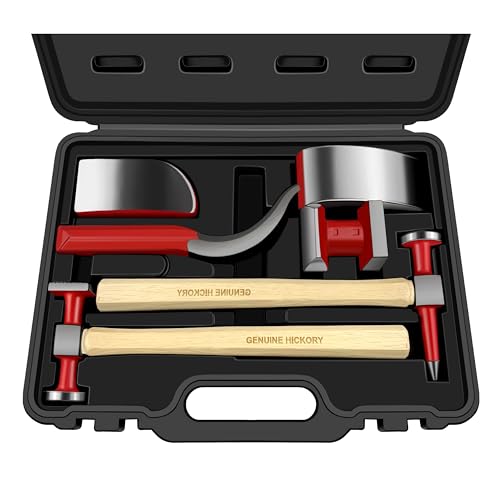 C&T 6 Piece Heavy Auto Body Repair Tool Hammer Dolly Set, Car Body Repair Tool Kit with Carrying Case, Hickory Handles,Fender Repair kit