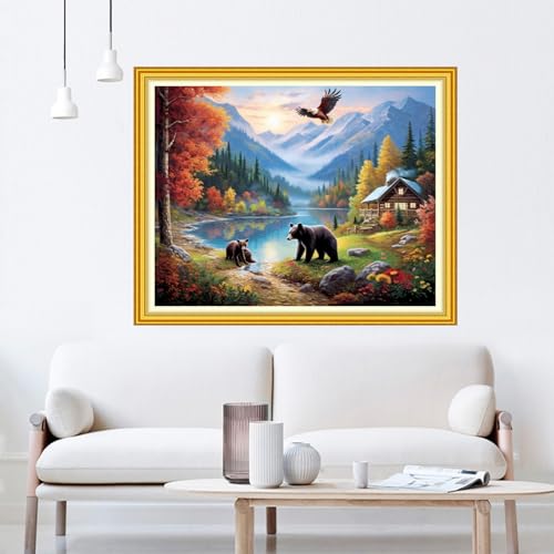 Image of Dooxvey Cross Stitch Kit for Adult Beginners - Full Range of Stamped Kits with 11CT Patterns - Bear Scenery 16x20 inch