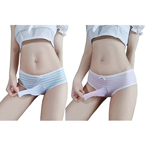 Image of Japanese Style Cute Striped Cotton Thong Pouch Bikini Underwear Briefs Cosplay Panties for Women Men Pack of 2