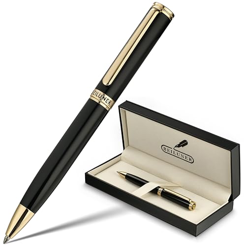 BEILUNER Stylo à Bille Encre Gel Finition Or 24K Laqué Piano Noir, Coffret Cadeau Luxe Homme Femme, Professionnel Executive Bureau, Mécanisme Rétractable...