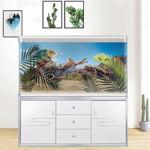 Image of Reptile Habitat Background, Retro Desert Oasis Cactus Terrarium Background 48X18 in Background with 8 EVA Double-Sided Tape