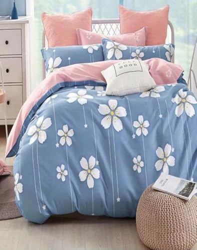 Image of Polycotton Single Bed Bedsheet, Flat Sheet with 1 Pillow Cover, Queen (60x90 inch), 300 TC, Blue & White, Set of 2