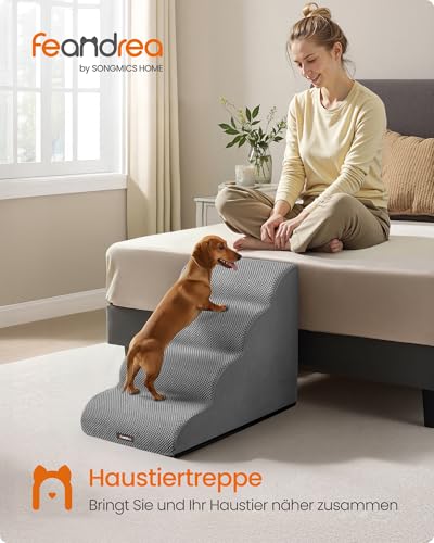 Feandrea Hundetreppe, 4 Stufen, Waffelcord, Haustiertreppe, für Bett, Sofa, wasserdicht, rutschfest, geringe Neigung, Abnehmbarer waschbarer Bezug, Griff, Taubengrau PPS014GD01