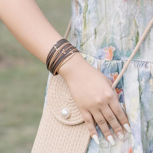 FANCY SHINY Beaded Leather Wrap Bracelets Cute Boho Stackable Bangle Cuff with Magnetic Clasp2