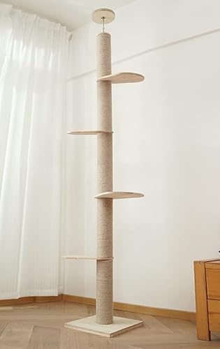 Modern Cat Tree Wooden Floor-to-Ceiling Cat Tree Tower, with Natural Sisal Rope Scratching Post, Height 92.5-98.4Inch,Cat Tree Activity Center Cat Climbing Tower for Kittens & Large Cats